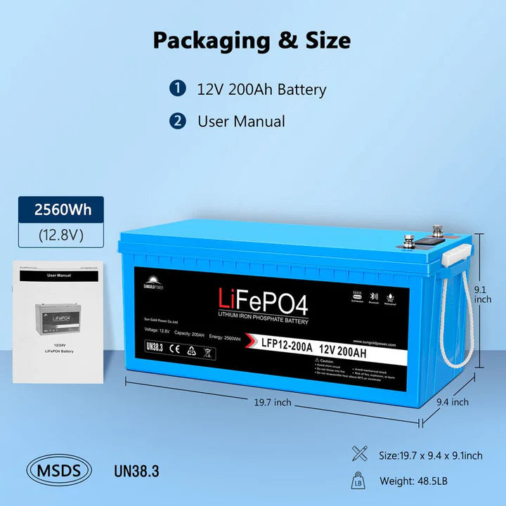 SunGold Power 12V 200Ah LiFePo4 Deep Cycle Lithium Battery Bluetooth / Self-Heating / IP65