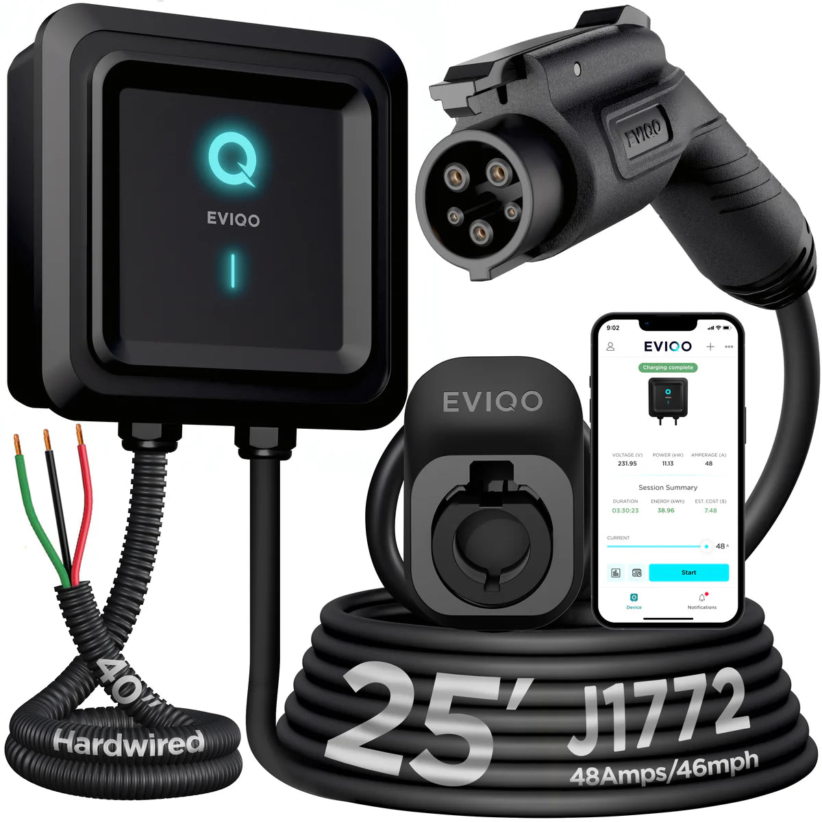 EVIQO Level 2 EV Charger Hardwire Version (240V) – 48 Amp